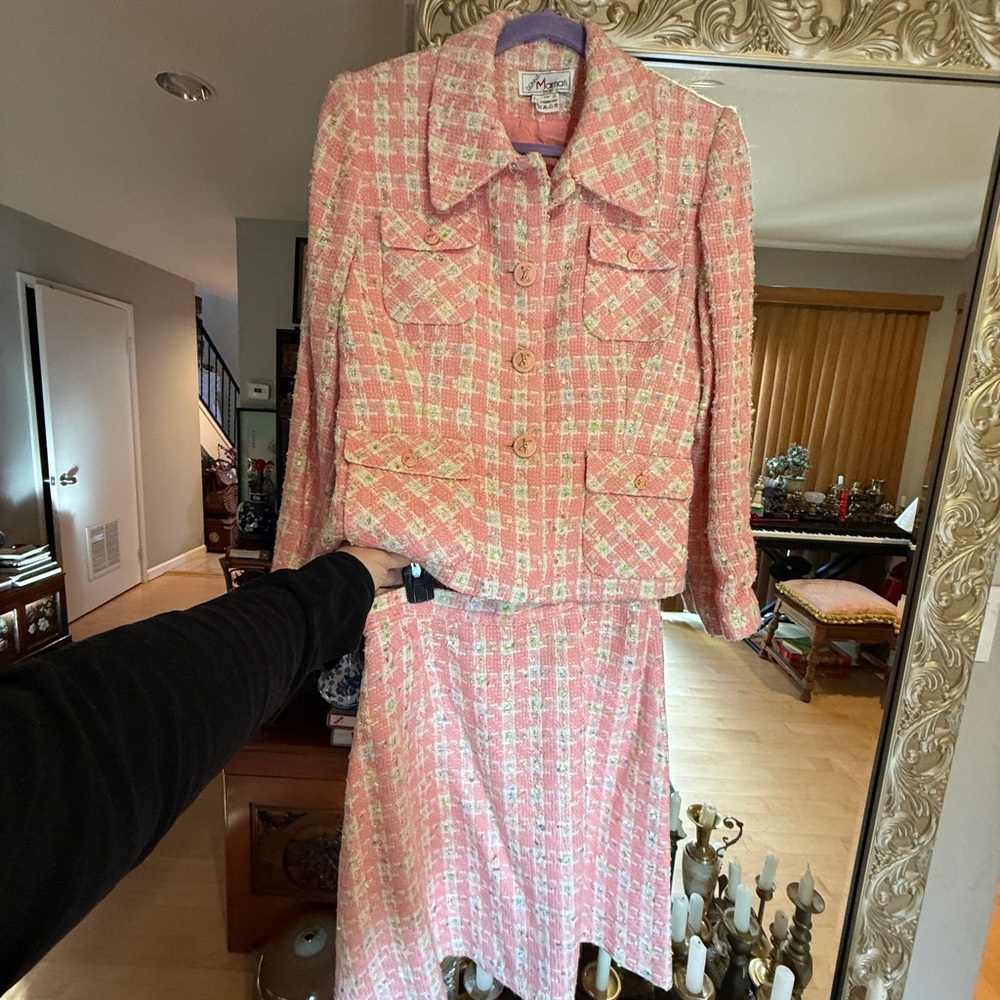 Italy Tweed Pink White and Green Tweed Jacket and skirt set